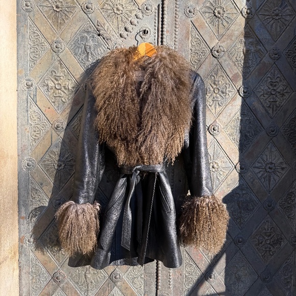 Vintage Mongolian Afghan Coat Charlotte Simone Style M Leather & Fur Shearling - Picture 1 of 9